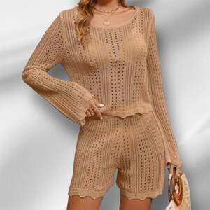Crochet Knit Long Sleeve Top and Shorts Two Piece Set